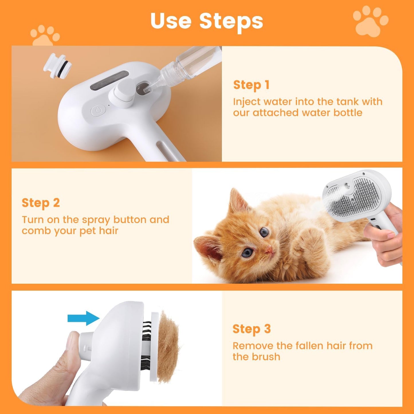 3-in-1 Pet Steam Brush - Cat & Dog Grooming Comb with Water Spray