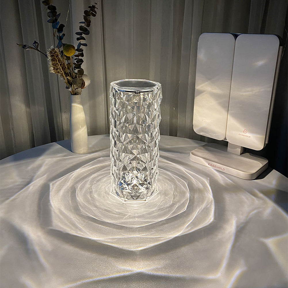 Nordic Crystal Touch Lamp – USB Rechargeable Diamond Table Lamp with 3-Level Dimming, Rose Projection Night Light for Bedroom & Home Decor