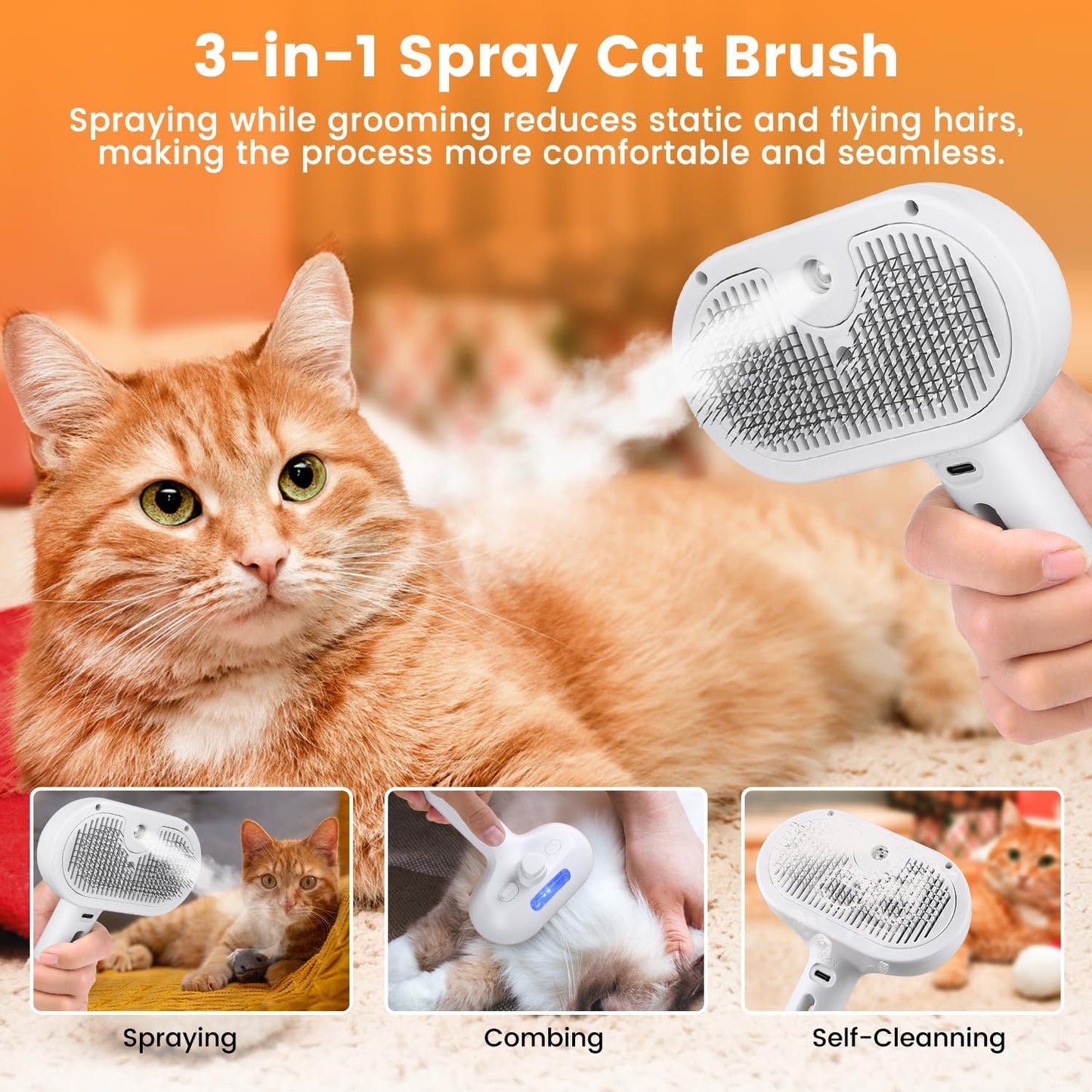 3-in-1 Pet Steam Brush - Cat & Dog Grooming Comb with Water Spray